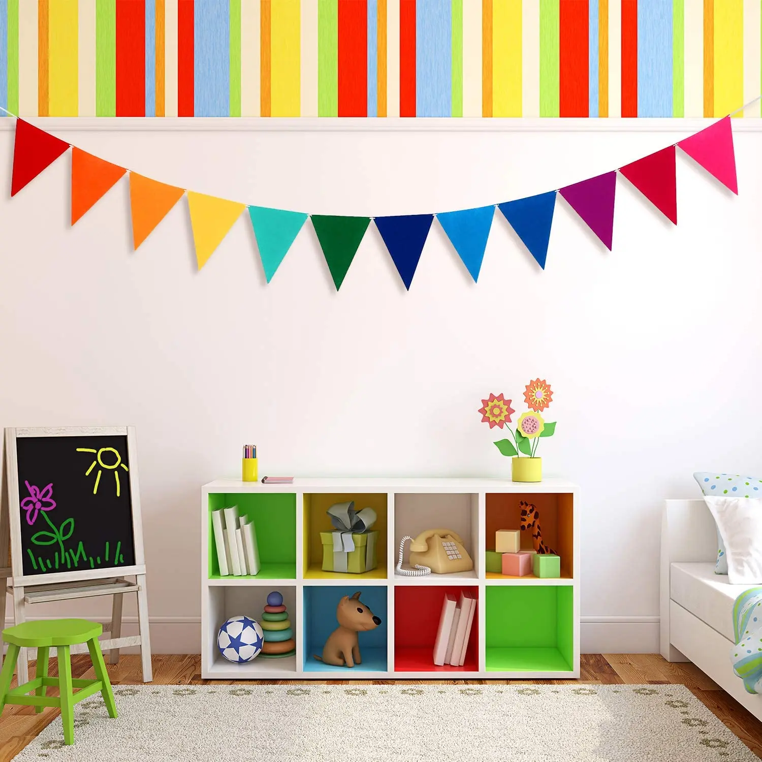 (5 Pack) 60pcs Rainbow CHRISTMA DECOR Fabric Pennant Banners Party Garland for Birthday Party Classroom Decoration Background