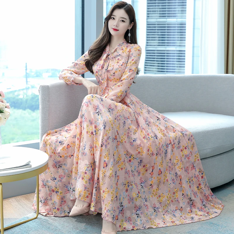 2024 Herfst Winter Vintage Vrouwen Maxi Jurken Bloemen Chiffon Casual Strand Midi Jurk Elegante Bodycon Party Lange Mouw Vestidos