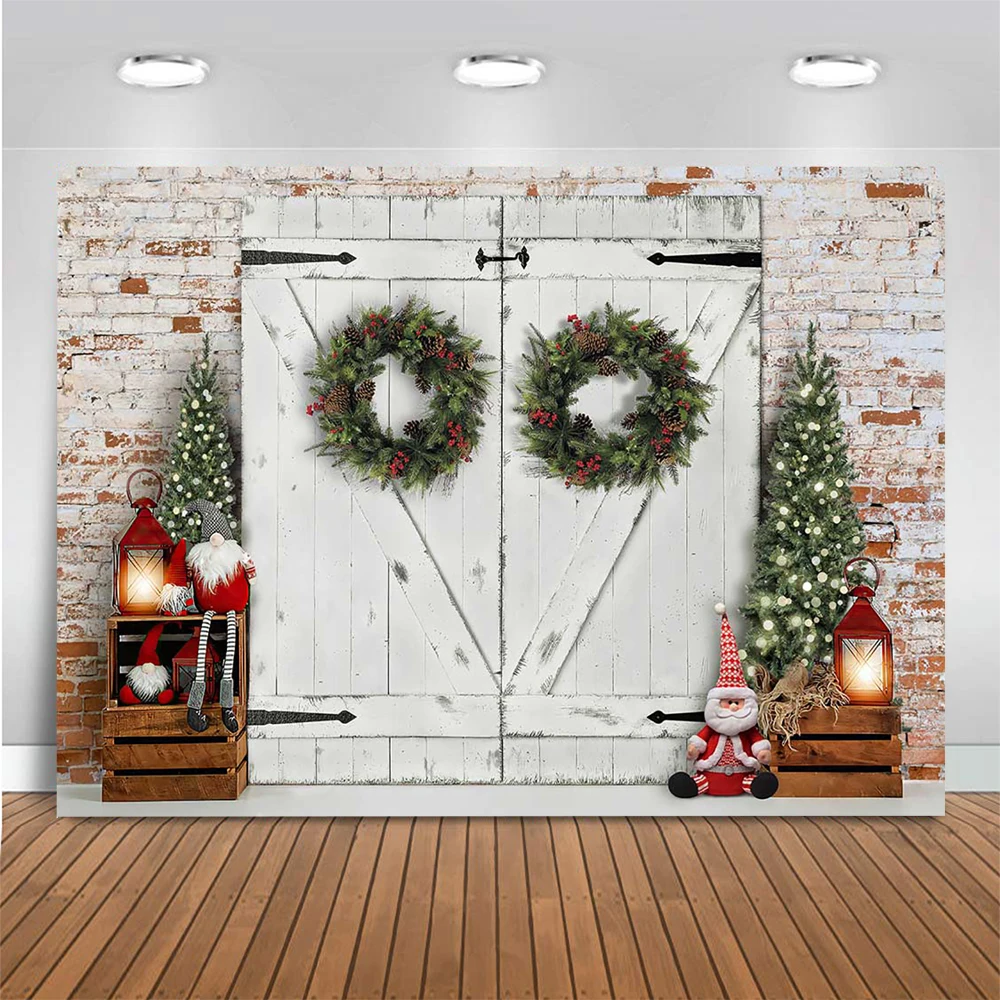 Christmas White Wood Door Background Toy Santa Kids Photography Family Child Portrait Photostudio Wreath Girl Backdrop Banner