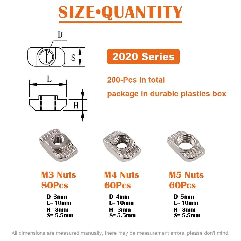 European M3 M4 M5 T-Nut Slot Hammer Head Fastener Nut Assortment 200/160/150Pcs Kit for T Slot 20 Series Aluminum Profile