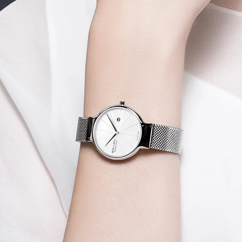 SOLLEN VJ24 Ultra-Thin Quartz Women's Watch 7MM Waterproof Sapphire Crystal Switzerland Luxury Design Mesh Band SL9015XL