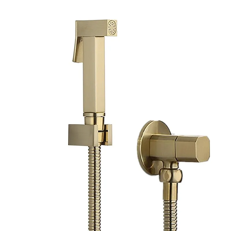 Brass Brushed Gold Square Bidet Set Toilet Handheld Bidet Toilet Spray Gun Bidet Faucet Brass Valve Hand Shower Holder & hose