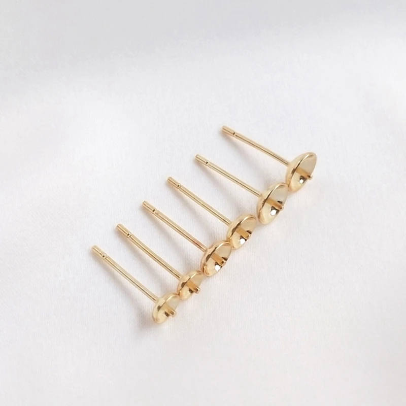 Real Gold Plated Color-Preserving Half-Hole Cup Needle Earrings Paste Pearl Ear Pins DIY Jewelry Making Findings Accessories