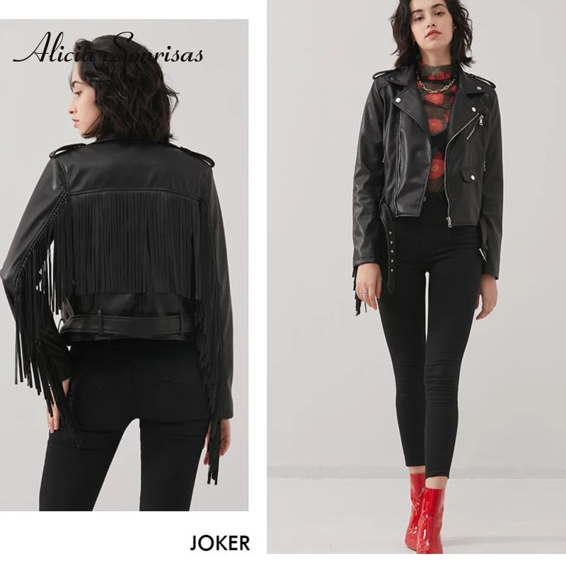 Chaqueta de cuero PU con flecos para mujer, abrigo corto de cintura delgada para motocicleta, chaqueta con flecos a la moda para primavera y otoño,