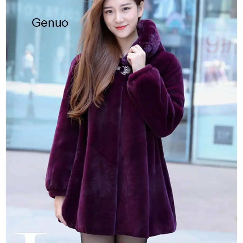 Jacket Women Fashion Imitation Mink Fur Autumn Winter Fur Outerwear Elegant Lady Hooded Warm Long Coat