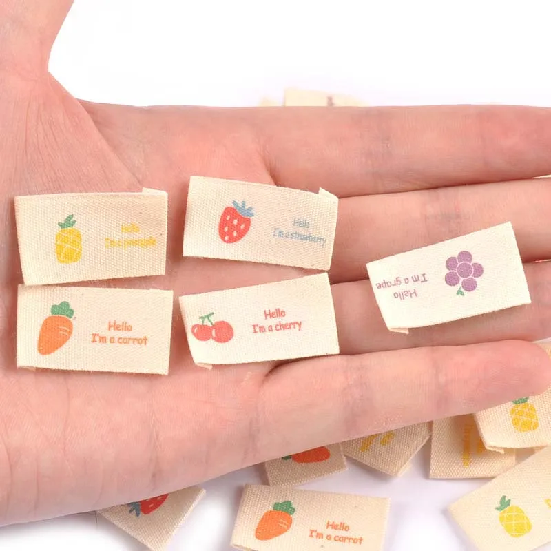 50Pcs Fruits Printed Cherry/Grape/Strawberry Labels Sewing Accessories Washable Care Bags Clothes Handmade Crafts Garment Tags