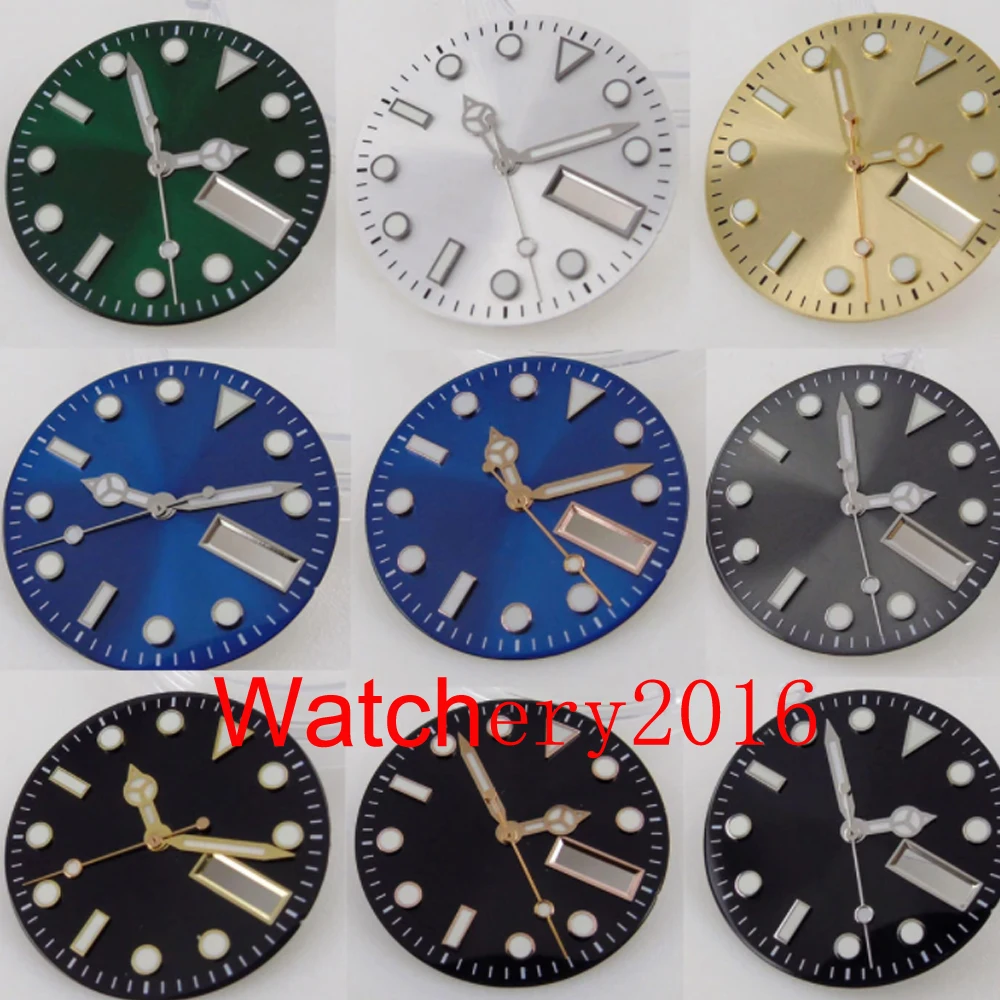 

29mm BLIGER Steel Sterile Sunburst Gold Green Blue Watch Dial Hand Fit NH36A Date Window Set Luminous Hand Tool Kit For Datejust