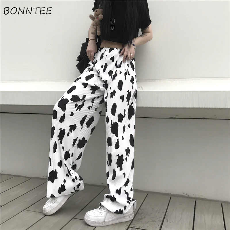 

Wide Leg Pants Women Summer High-waist BF Cow-print Harajuku Female Daily Ins Streetwear Pockets Soft Aesthetic Clothing Stylish