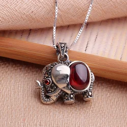 S925 Sterling Silver Elephant Fish Fox Crab Garnet Pendant  With Box Chain Silver Crystal Vintage Necklaces & Pendants Jewelry