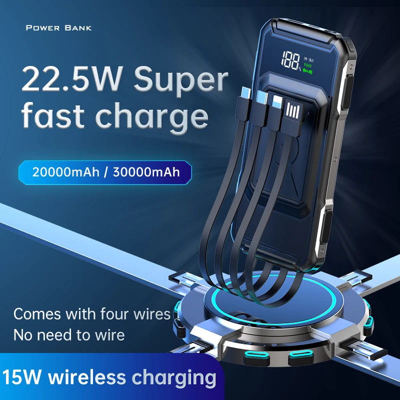 15W Qi Wireless Charger 22.5W Fast Charge Power Bank with Cable for iPhone Samsung Airpods 20000mAh 30000mAh Powerbank Bateria