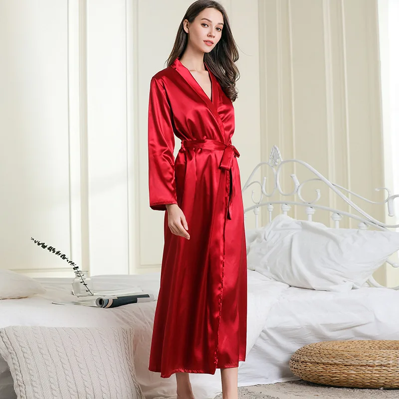 Burgundy Satin Robe Kimono Bathrobe Gown Nightwear Women Night Dress Sleepwear Intimate Lingerie Sexy Home Wear Belt Nightgown