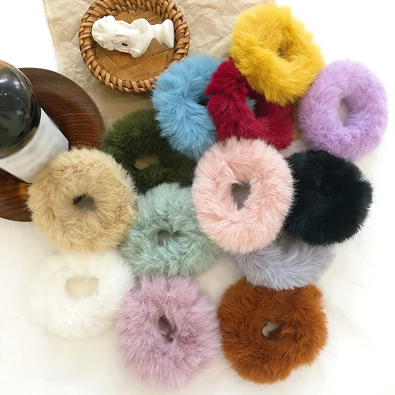 Fashion Fluffy Faux Fur Furry Scrunchie Elastic Hair Ring Rope Band Tie Round Girls Scrunchie Black Fluffy White