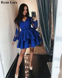 Cocktail Dresses 2020 Formal Party Short Prom Dresses Royal Blue Homecoming Vestidos De Gala Women Long Sleeves Graduation Gowns