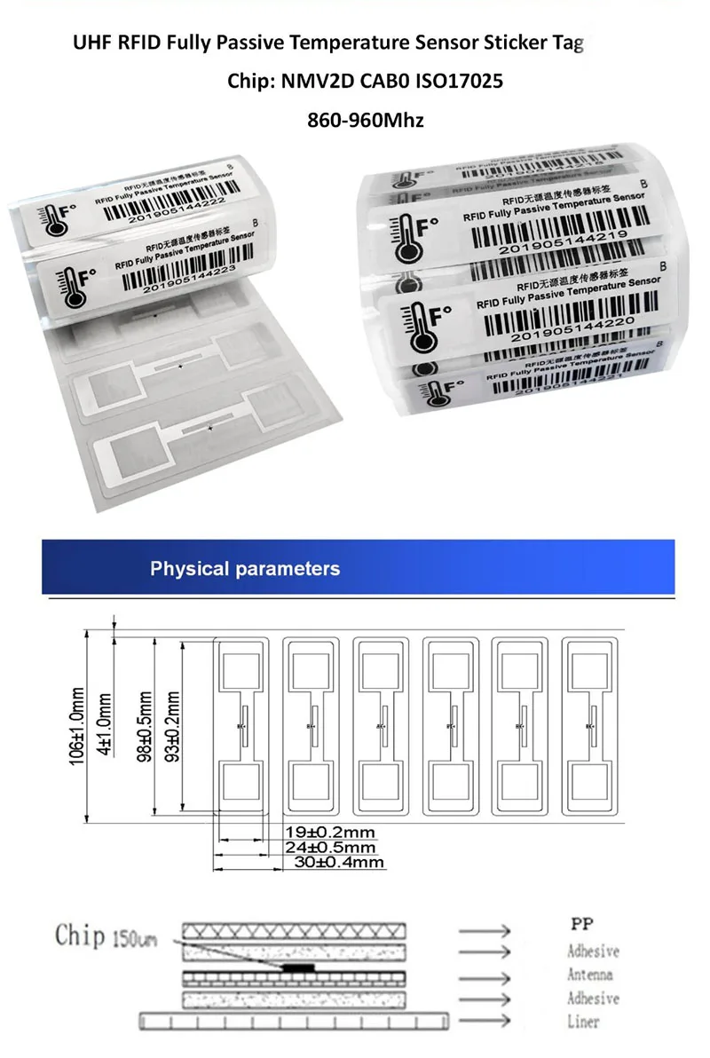 10pcs UHF RFID Label Without Battery Long Range Fully Passive Long Range Temperature RFID tag