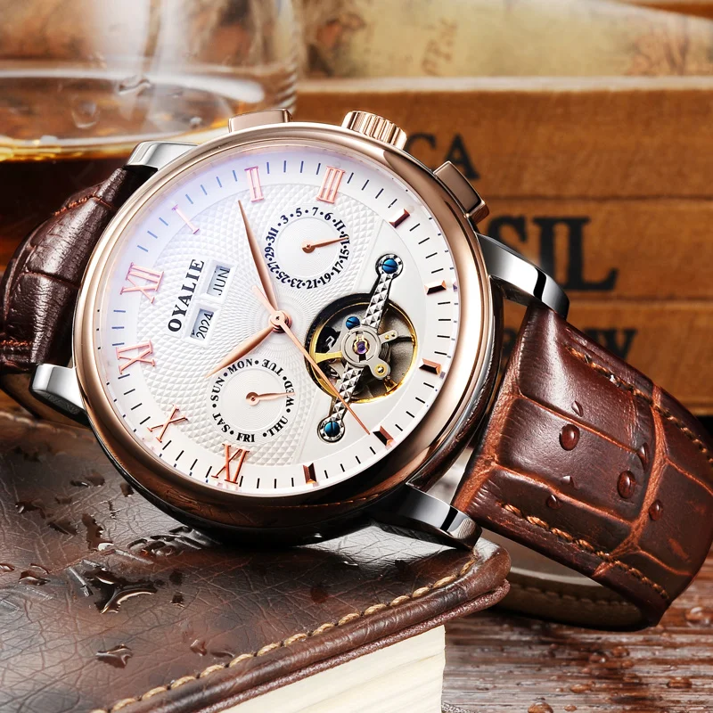 Fashion Hollow Watch Pria Multifungsi Otomatis Inti Mesin Tahan Air Asli Coklat Leather Belt Watch