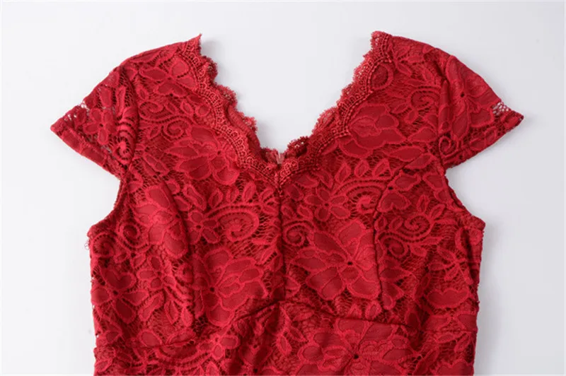 Laço vermelho a linha vestidos de noite elegante decote em v padrão de renda com decote em v vestidos de festa de formatura feminino