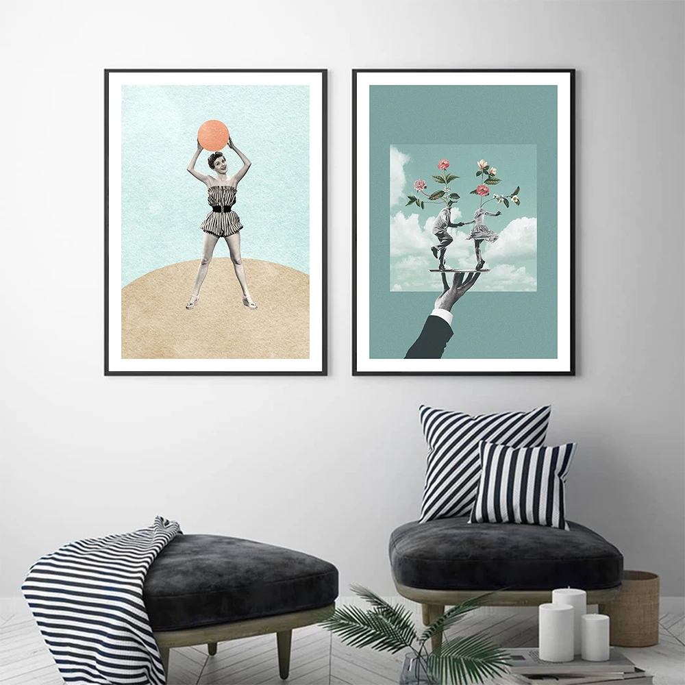 

Nordic Vintage Beach Life Abstract Canvas Painting Wall Art Woman Dancing Poster and Print Frameless Picture For Bed Room Decor