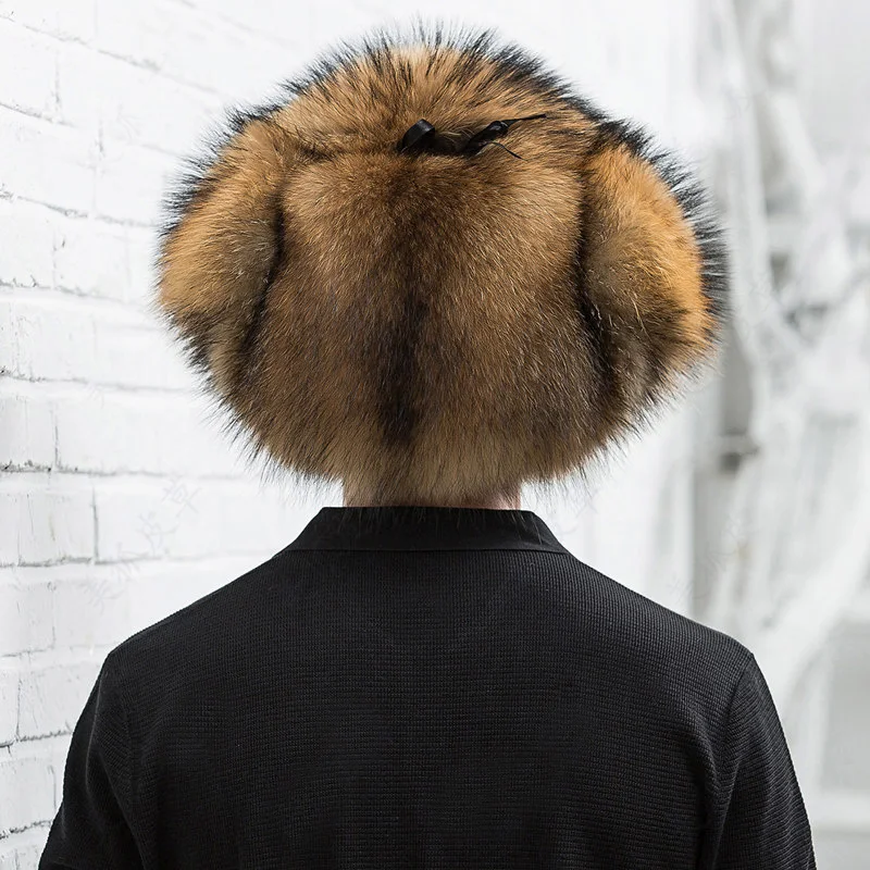 Natural Color Fur Hat Siberian Style Fur Hat  Raccoon Full Ushanka Hat for middle-aged cotton cap Lei Feng hat Winter hat