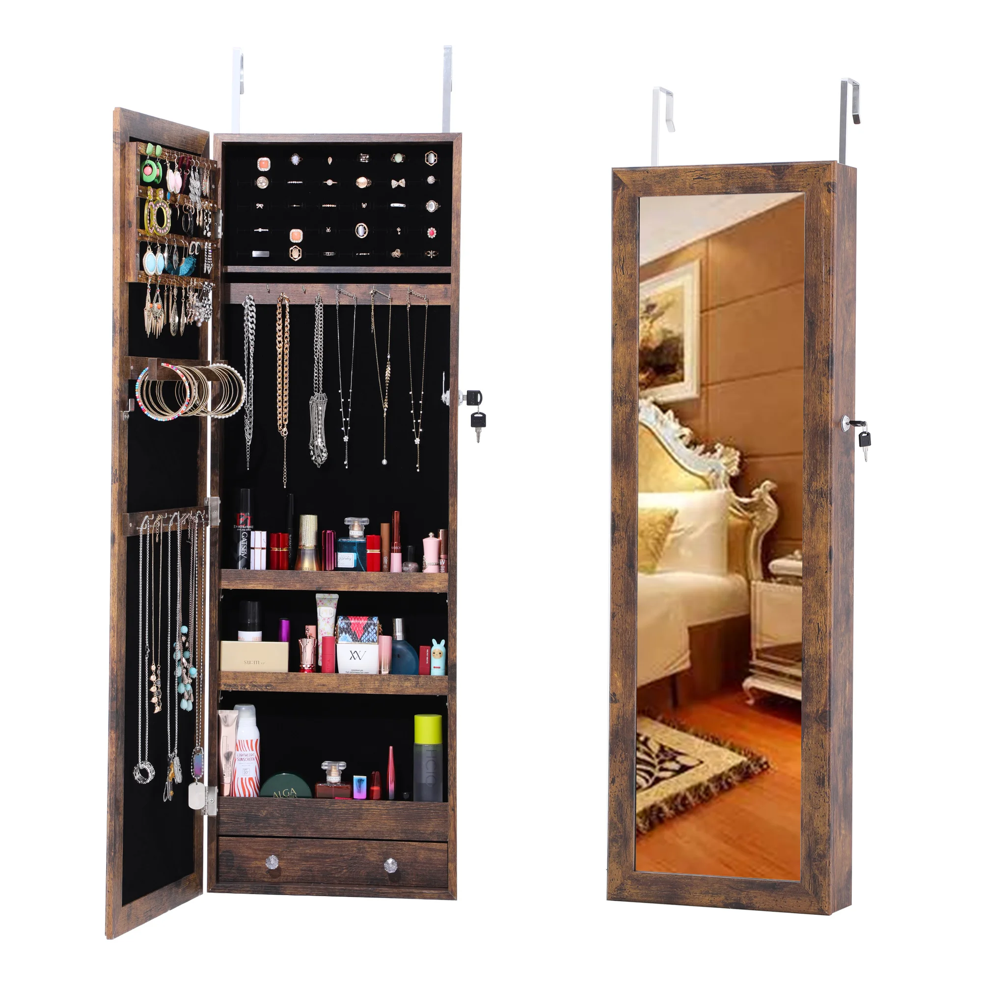 

Fashion Simple Wall/Door Mounted Jewelry Storage Mirror Cabinet Include 22 Necklace Hooks 2 Cubes 3 Lined Shelves&1 Bracelet Rod