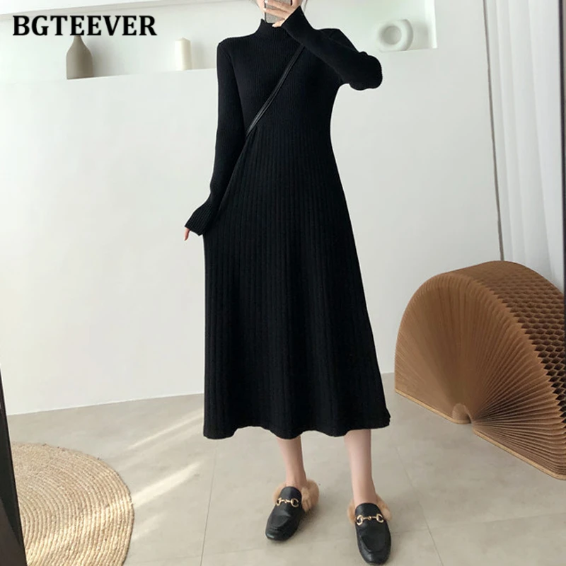 BGTEEVER Elegant Warm Half Turtleneck Ladies A-line Sweater Dress Full Sleeve Slim Waist Women Knitted Mid-Calf Vestidos Autumn