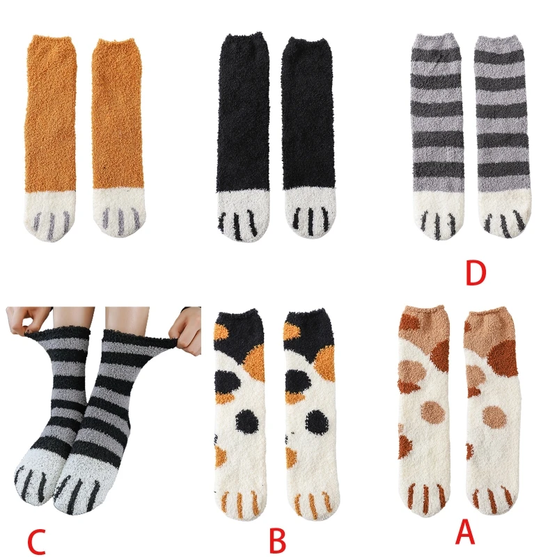 

Women Winter Thicken Fuzzy Fluffy Cozy Warm Slipper Socks Cute Cat Paw Animal Printed Soft Home Floor Sleeping Stockings