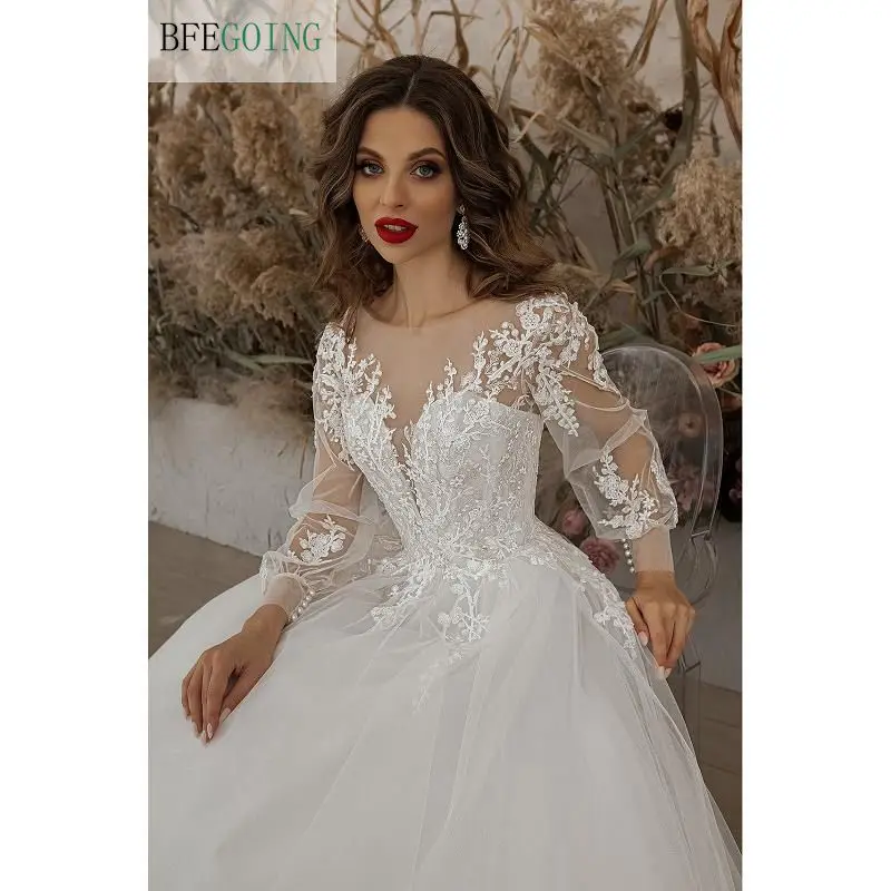 Luxurious Ivory Lace Appliques Tulle Long Sleeves Floor-Length Princess A-Line Wedding Gowns Custom Made Bridal Dresses