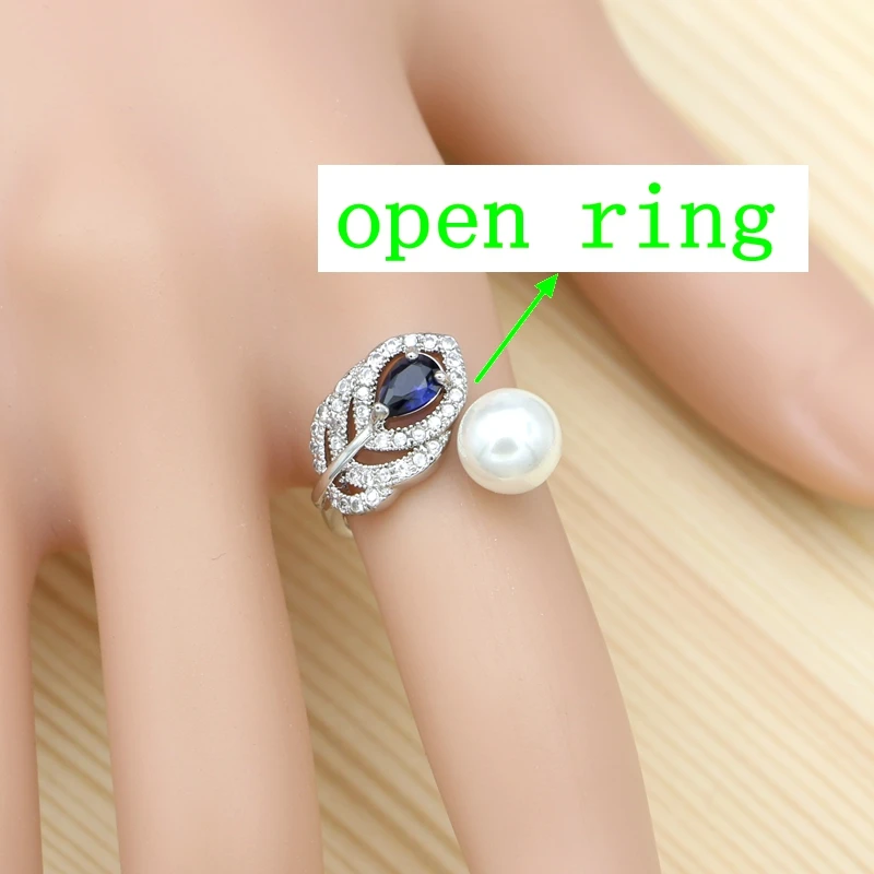 925 Silver Jewelry Set For Women Engagement Gift Blue Stone White Pearl Heart Shape Bracelet Necklace Pendant Earrings Open Ring