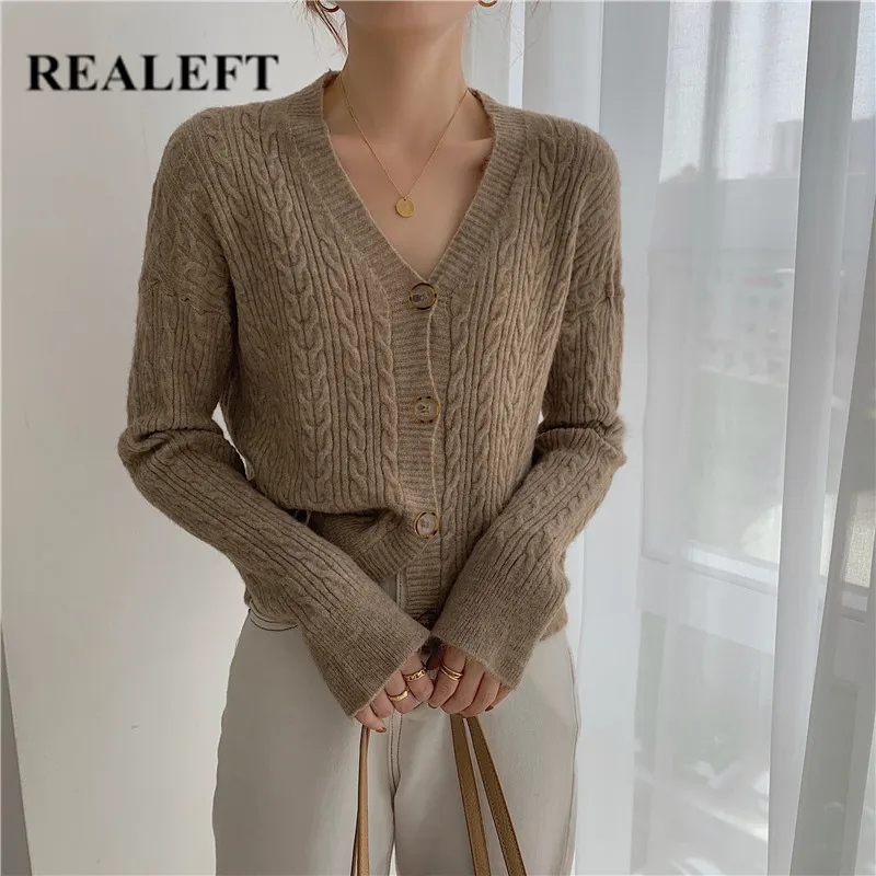 REALEFT 2021 New Women's Sweater Knitting Cardigans Vintage Solid Color Long Sleeve Casual Elegant Ladies Knitted Tops Female