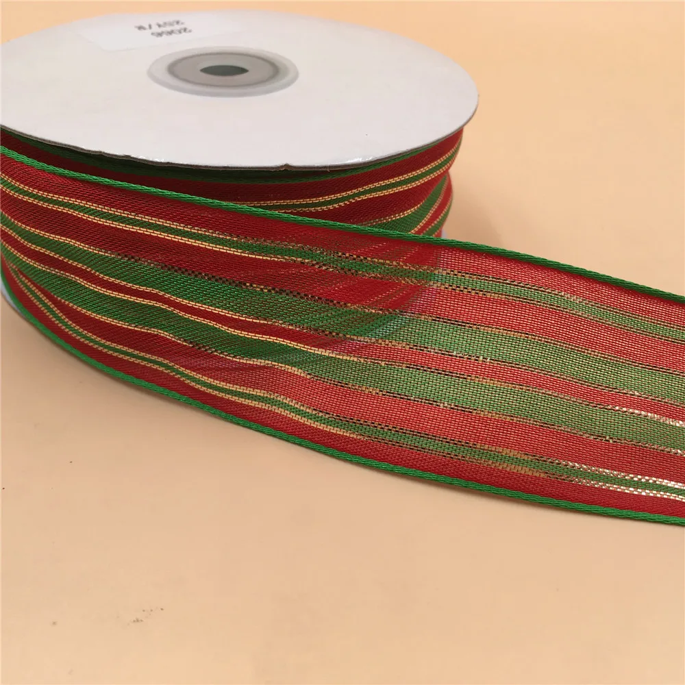 

25Yards 38mm Wired Edge Red Green Stripes Christmas Ribbon With Gold Line for Birthday Gift Box Wrapping Decoration DIY 1-1/2"