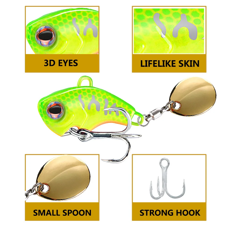 New Arrival 1PCS 7g/10g/14g/20g Metal VIB Fishing Lure Spinner Sinking Rotating Spoon Pin Crankbait Sequins Baits Fishing Tackle