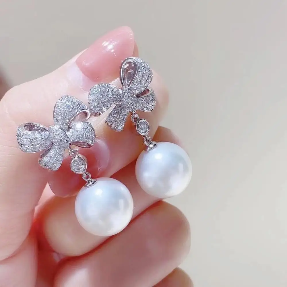 

M1201 Solid S925 Sterling Silver Round 10-11mm Nature Fresh Water White Pearls Drop Dangle Earrings for Women Fine Presents