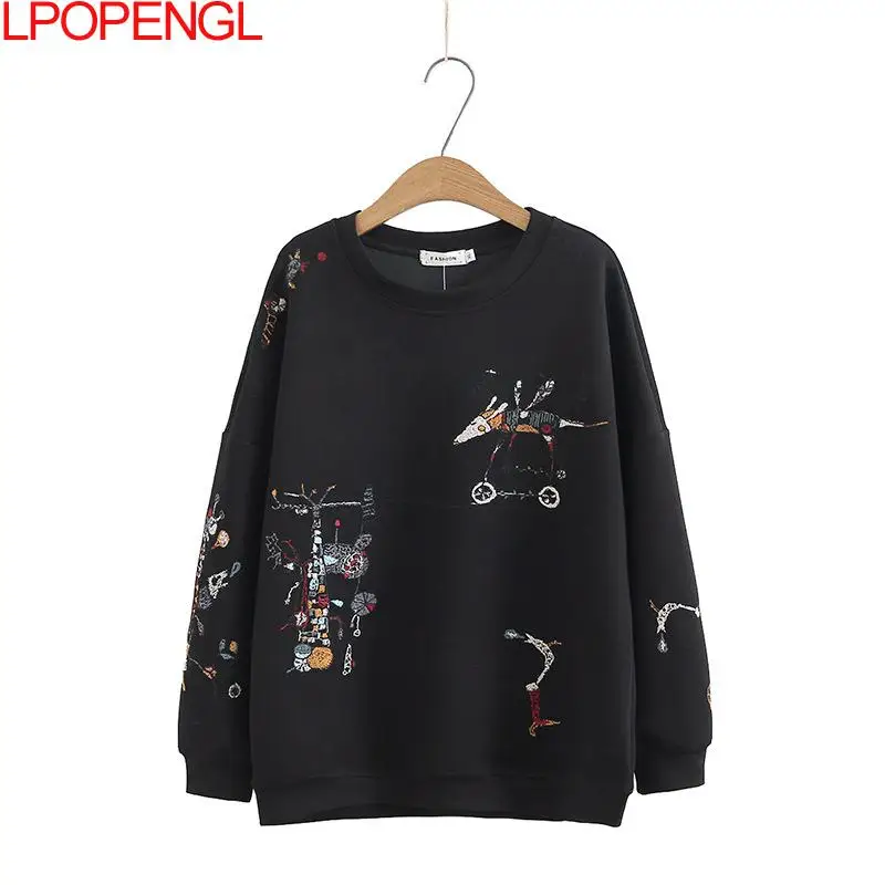 Harajuku Sweatshirt Frauen 2021 Plus Größe Herbst Neue Mode Casual Stich-bestickt Lange ärmeln O-Hals Atmungsaktiv hoodie Top