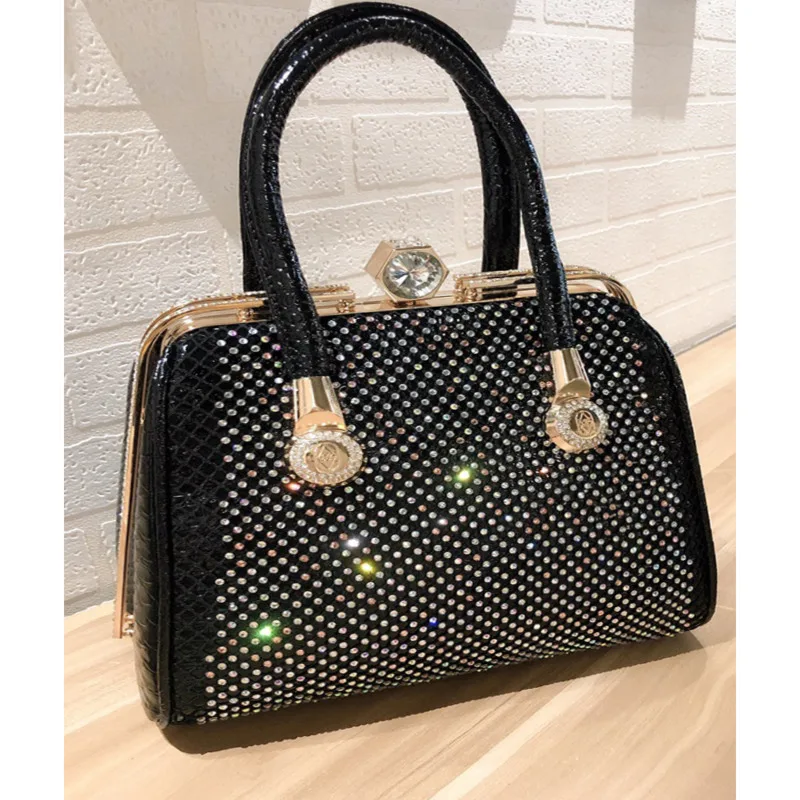 New Diamond Top-Handle Bags Famous Designer Luxury Women Leather Handbags Female Rhinestone Shoulder Big Bag