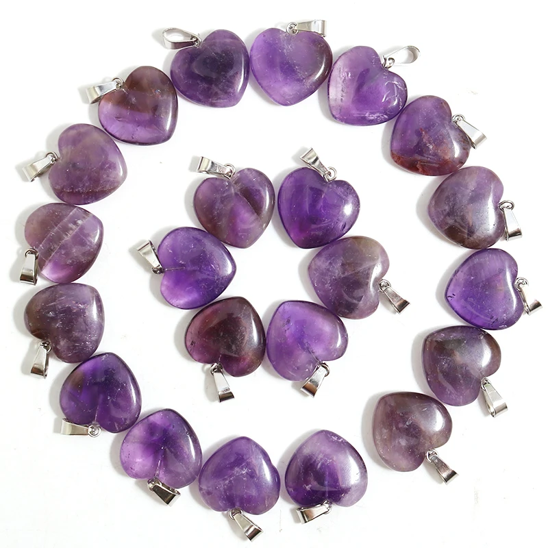 

50pcs Charms Natural Amethysts Heart Crystal Stone Necklace Purple Pendants For Jewelry Making Gem Wholesale DIY Decor