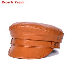 Leather Hat Men Women Retro Winter Caps Unisex Orange Locomotive Duck Tongue Flat Top Military Hats Has Belt Navy Bone Masculino