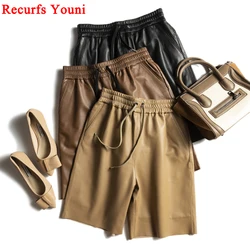 Stylish Leather Pants Women Harajuku Soft Skin Bermuda Shorts Elastic Waist Straight Wide Leg Trousers Mujer Baggy Pantalons