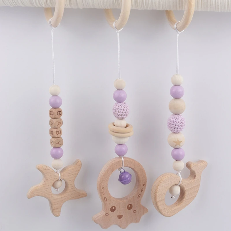 Baby Play Gym Frame Wooden Beech Activity Gym Frame Stroller Hanging Pendants Toys Teether Ring Nursing Rattle Toys Room Decor