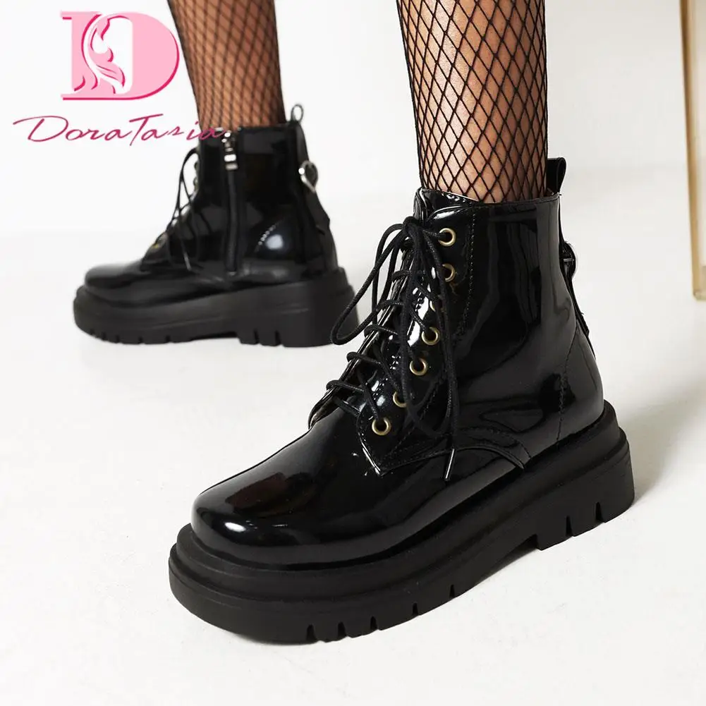 Doratasia Fashion New Female Chunky Heels Round Toe Zip Boots Solid Cross-Tied Ankle Boots Women Punk Shoes Woman