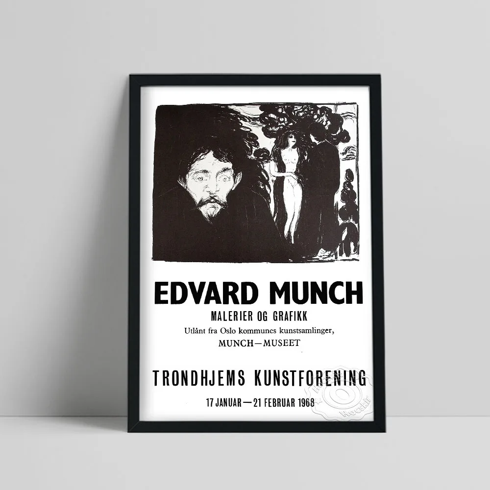 Edvard Munch 1968 Vintage Exhibition Poster, Black White Trondhjems Kunstforening Art Prints, Norway Expressionism Home Decor