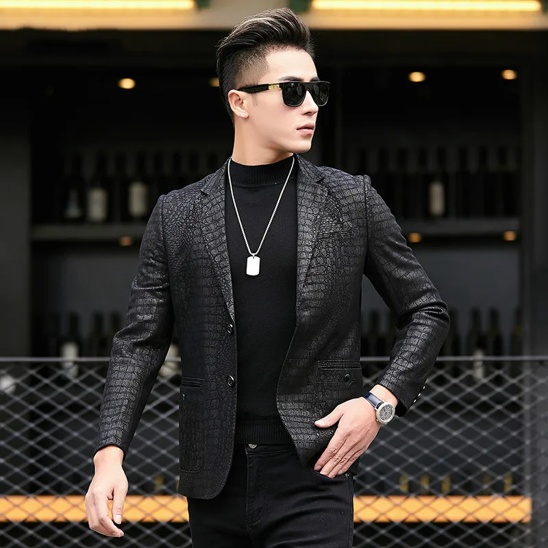 New Spring Sheepskin Leather Jacket Crocodile Pattern Genuine Leather Mens Leather Blazers Suit Coat