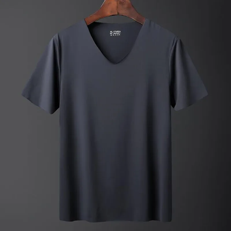 

Men's t-shirt thin short-sleeved summer ice silk without trace Slim stretch V-neck solid color bottoming t-shirt