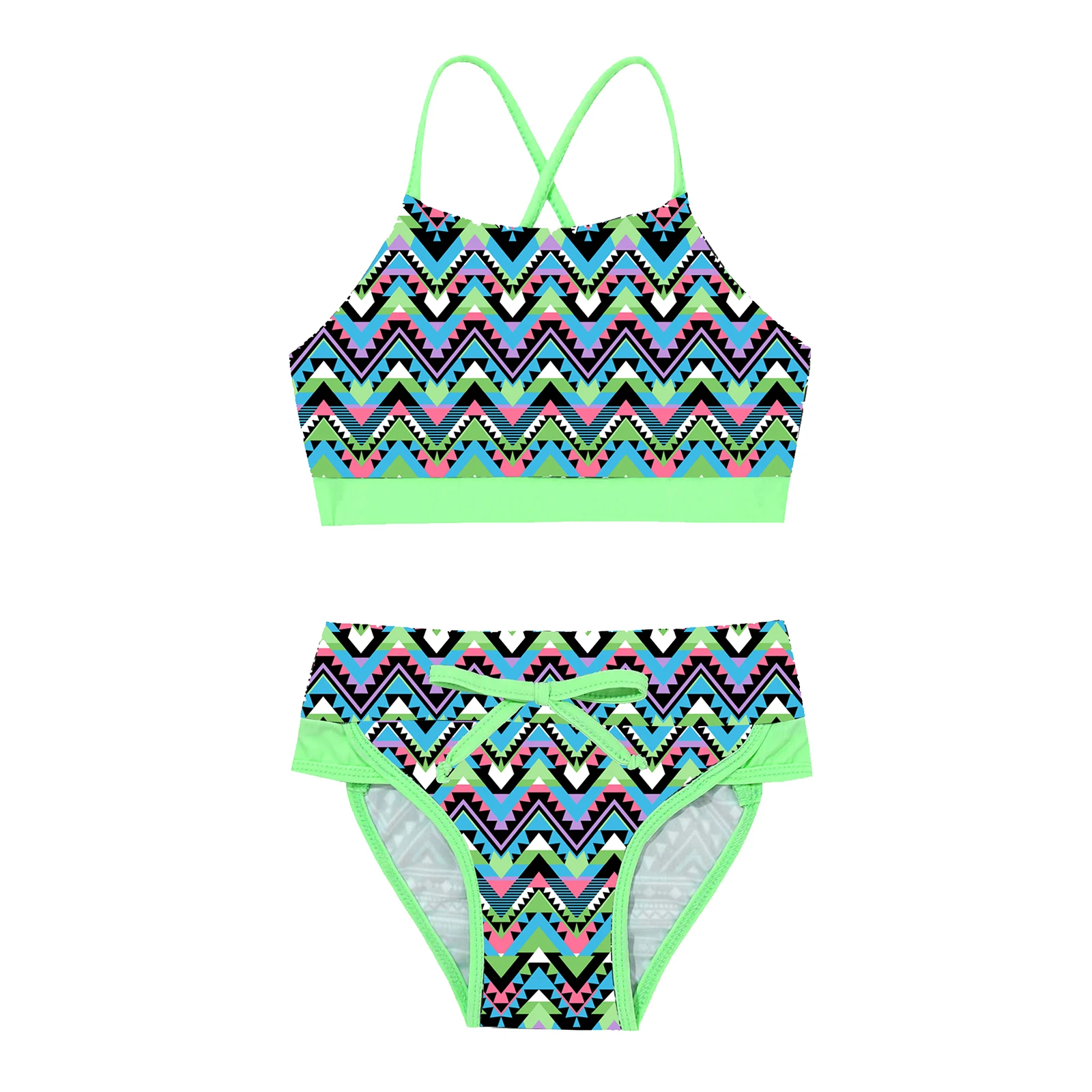 TiaoBug 3 To 14 Years Kids Girls 2Pcs Summer Swimsuit Swimwear Geometric Pattern Floral Print Bathing Suit Bikini Set