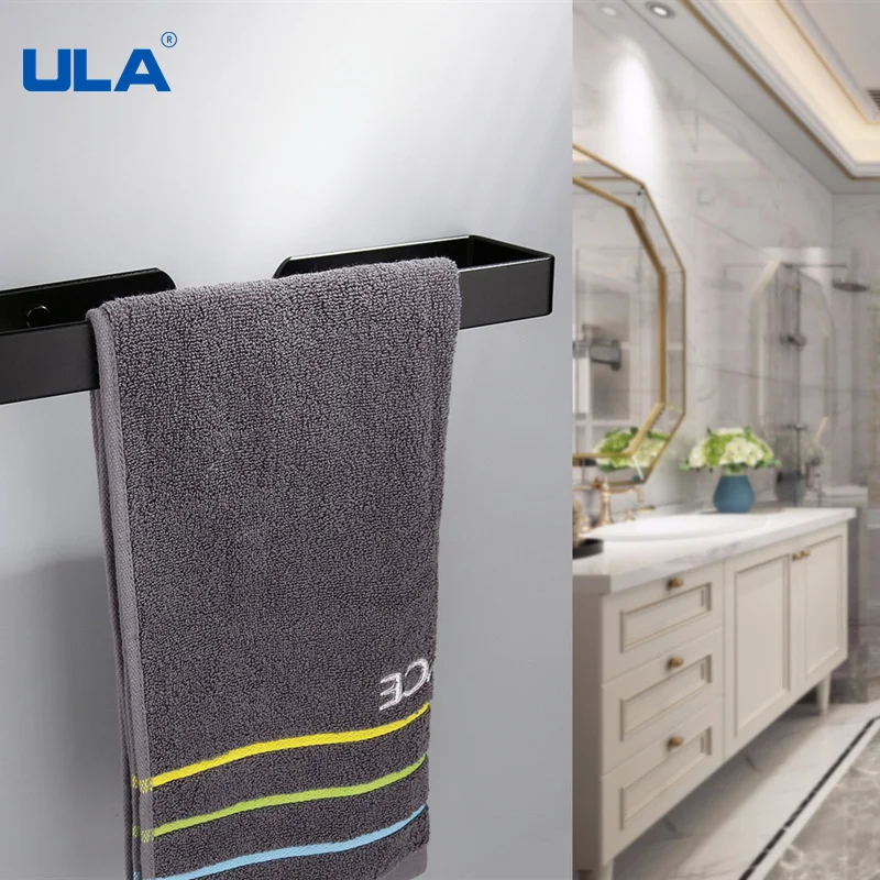 ULA Free Drill Black Bathroom Hardware Set Robe Hook Towel Rail Rack Bar Shelf Tissue Paper Toothbrush Holder Bath Accessories