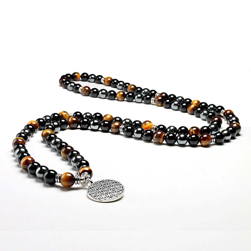 Natural Tiger Eye Spiritual 108 Mala Bracelets Women Men Revelation 8MM Hematite Beads Bracelet Yoga Meditation Charm Jewelry