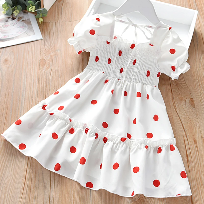 2021 New Baby Summer Dresses Girls Sweet Lace Chiffon Polka Dot Dress Little Girl Chiffon Short Sleeve Dress For Kids Clothes