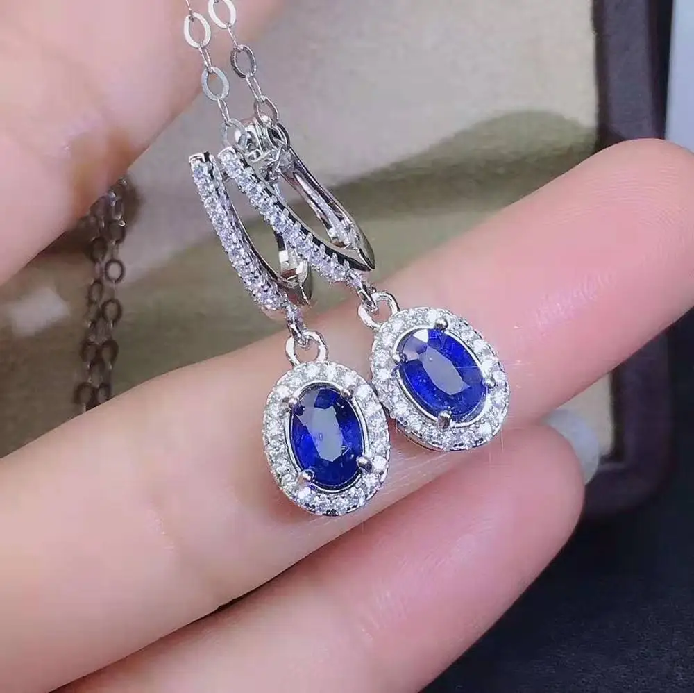 Natural Sapphire Luxury Earrings Rings Pendants Necklace Set S925 Sterling Silver Fine Fashion Jewelry for Women MeiBaPJFS