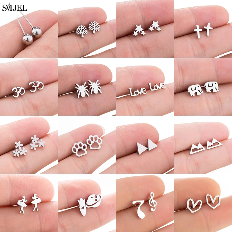 Punk Stainless Steel Stud Earrings for Women Girls Fashion Cute Music Ball Mountain Spider Earrings Ballet Paw Studs Gifts