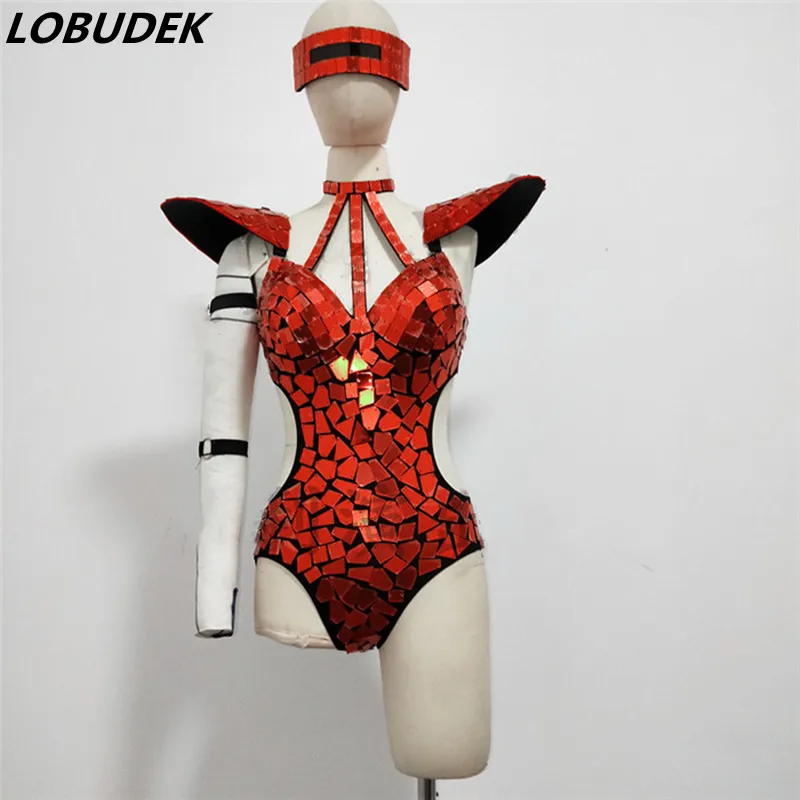 

Red Gold Mirrors Flying Shoulder Bodysuit Sexy Nightclub Gogo Costume Bar Nightclub DJ Singer Dancer Stage Performance Clothes