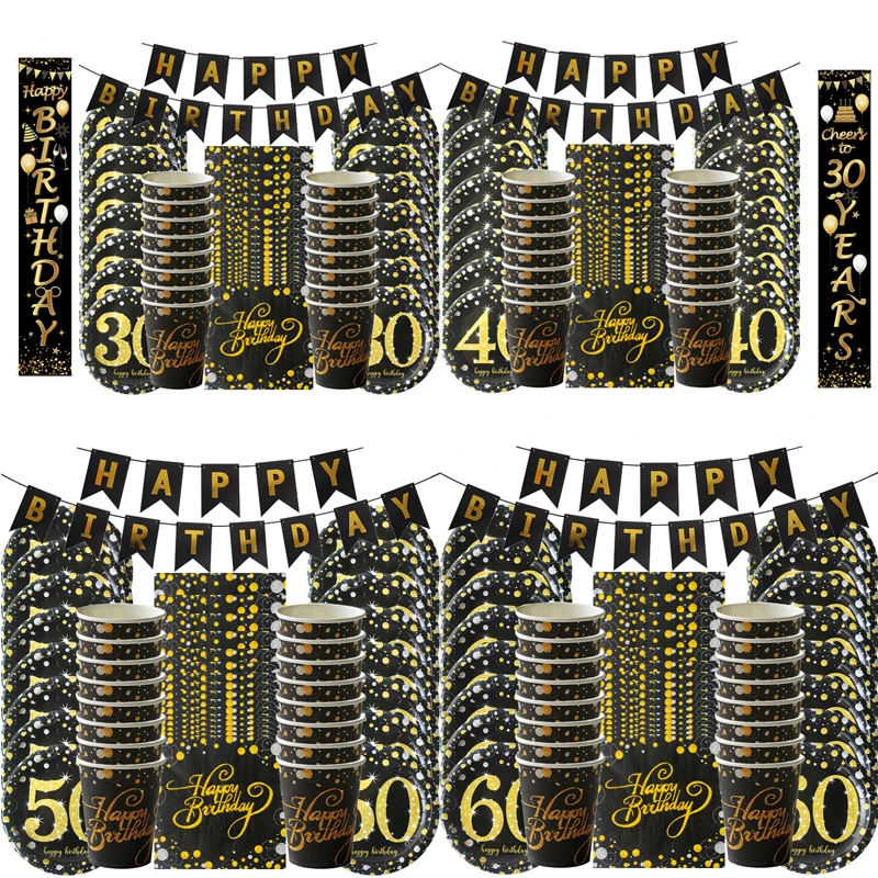 

49 шт. 60/50/40/30th набор одноразовой посуды, способный преодолевать Броды для взрослых День рождения золотой черный Бумага пластина набор столовой посуды 30 лет баннер