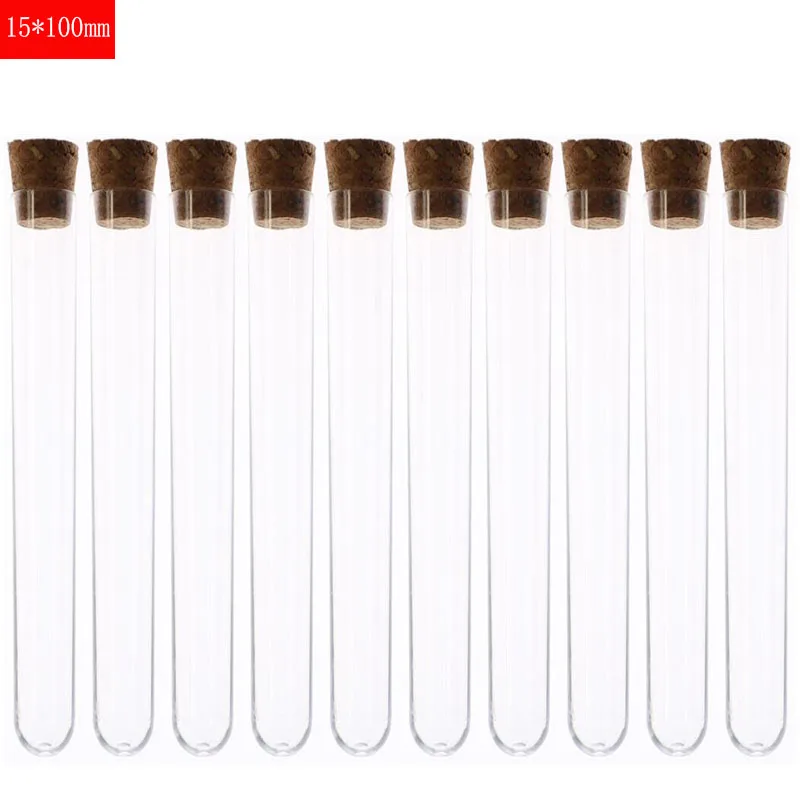 10Pcs 15x100mm Transparent Laboratory Clear Plastic Test Tubes With Corks Caps School Lab Supplies, Wedding Favor Gift Tube